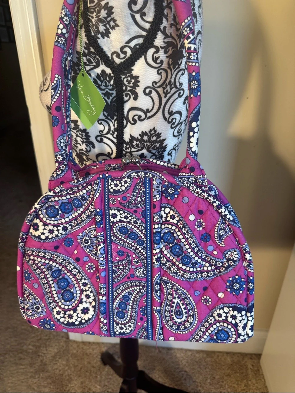 Vera Bradley Quilted Paisley Dome Kiss Lock Tote in Fuchsia and Blue NWT